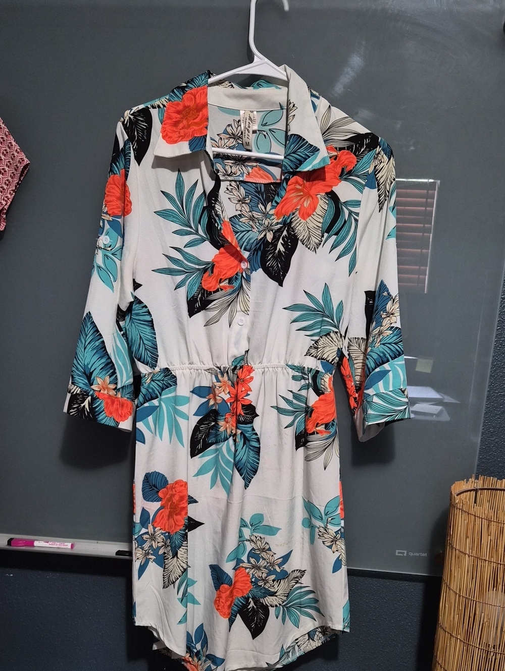Button-Front Tropical Floral Mini Dress in White & Coral